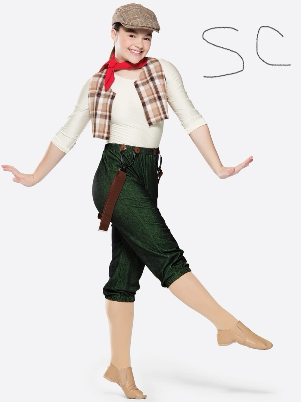 Kids Green Newsboy Costume with Cream Top and Red Scarf